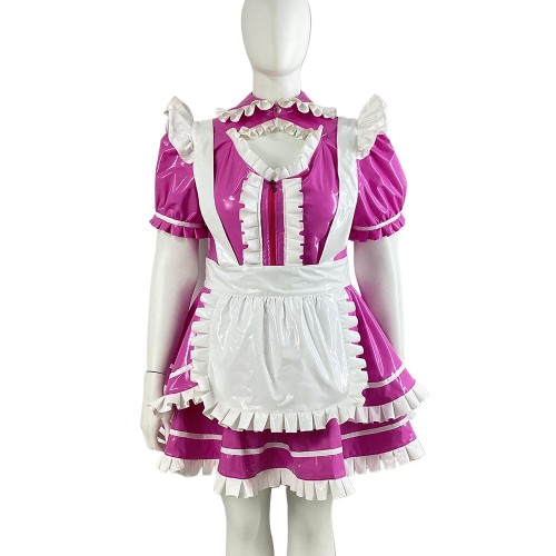 Lolita Short Puff Sleeve Maid Dress with White Apron Halloween Party Cosplay Pleated Maid Uniforms Sissy Shiny PVC Maid Outfits