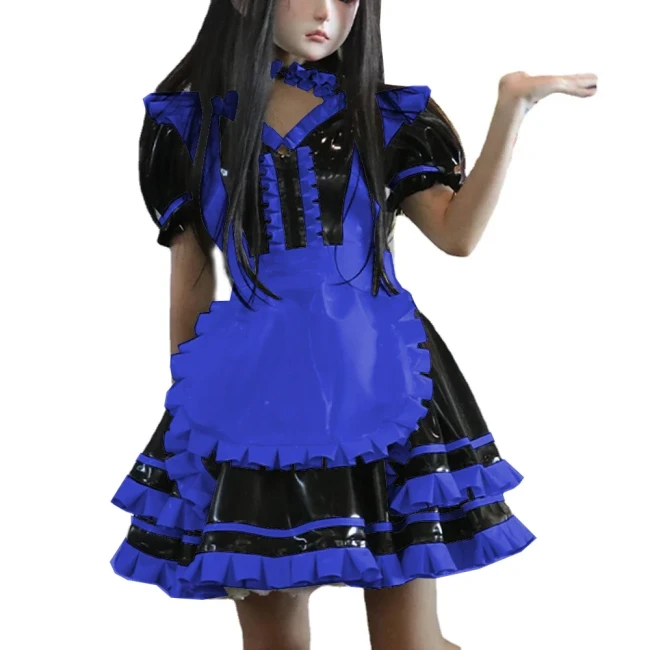 Wetlook PVC Leather Patchwork Lockable Sweet Short Puff Sleeve Lolita Ruffles Mini Maid Dress with Apron Cosplay Unifroms Unisex