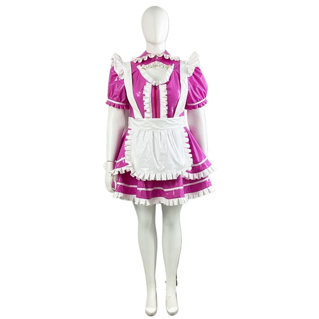 Lolita Short Puff Sleeve Maid Dress with White Apron Halloween Party Cosplay Pleated Maid Uniforms Sissy Shiny PVC Maid Outfits