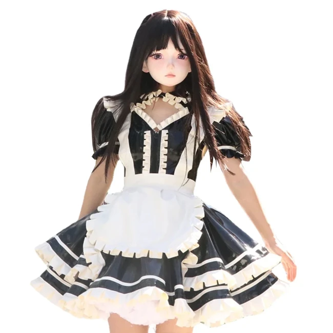 Wetlook PVC Leather Patchwork Lockable Sweet Short Puff Sleeve Lolita Ruffles Mini Maid Dress with Apron Cosplay Unifroms Unisex