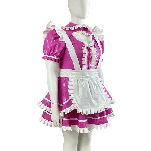 Lolita Short Puff Sleeve Maid Dress with White Apron Halloween Party Cosplay Pleated Maid Uniforms Sissy Shiny PVC Maid Outfits