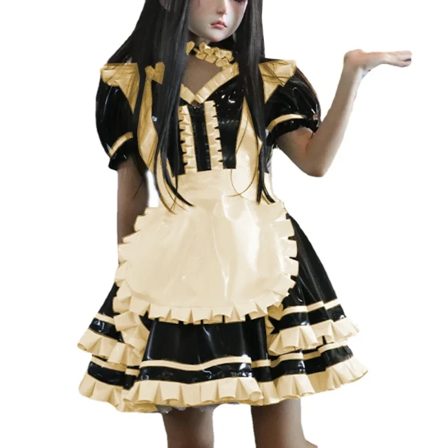 Wetlook PVC Leather Patchwork Lockable Sweet Short Puff Sleeve Lolita Ruffles Mini Maid Dress with Apron Cosplay Unifroms Unisex