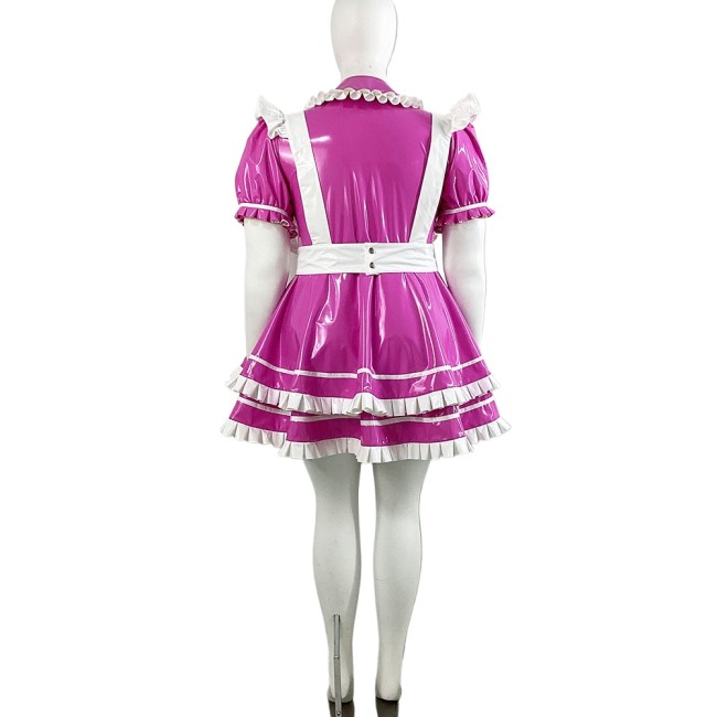 Lolita Short Puff Sleeve Maid Dress with White Apron Halloween Party Cosplay Pleated Maid Uniforms Sissy Shiny PVC Maid Outfits