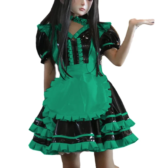Wetlook PVC Leather Patchwork Lockable Sweet Short Puff Sleeve Lolita Ruffles Mini Maid Dress with Apron Cosplay Unifroms Unisex