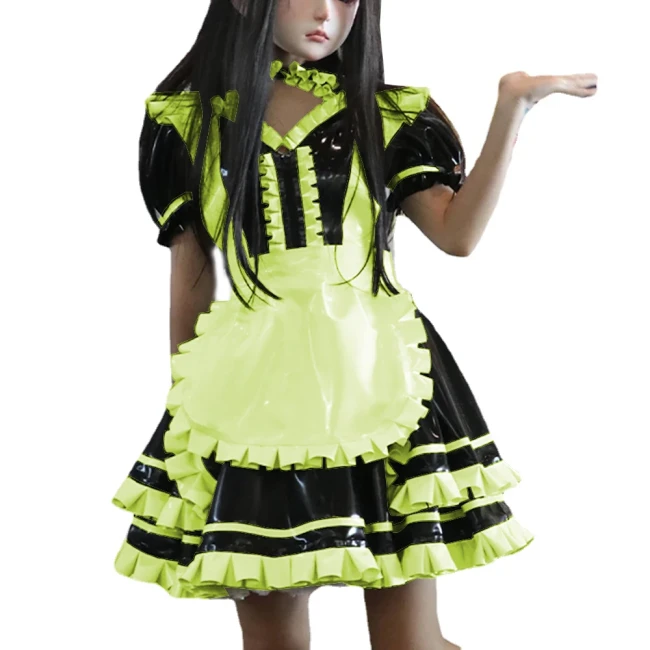 Wetlook PVC Leather Patchwork Lockable Sweet Short Puff Sleeve Lolita Ruffles Mini Maid Dress with Apron Cosplay Unifroms Unisex