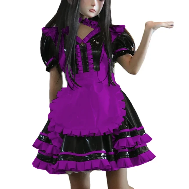 Wetlook PVC Leather Patchwork Lockable Sweet Short Puff Sleeve Lolita Ruffles Mini Maid Dress with Apron Cosplay Unifroms Unisex