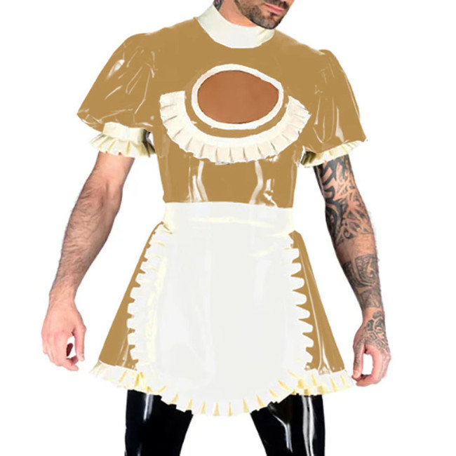 Hollow Out Vinyl PVC Leather A-line Dress with Apron Short Puff Sleeves Maid Uniform Back Zipper Lockable Sexy Cosplay Costumes