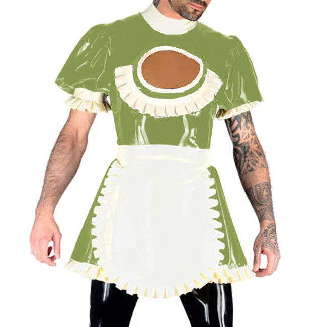 Hollow Out Vinyl PVC Leather A-line Dress with Apron Short Puff Sleeves Maid Uniform Back Zipper Lockable Sexy Cosplay Costumes