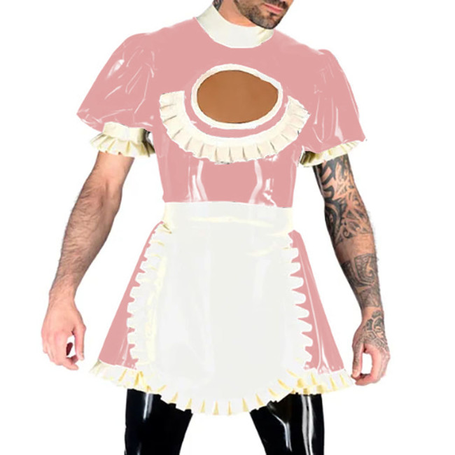 Hollow Out Vinyl PVC Leather A-line Dress with Apron Short Puff Sleeves Maid Uniform Back Zipper Lockable Sexy Cosplay Costumes