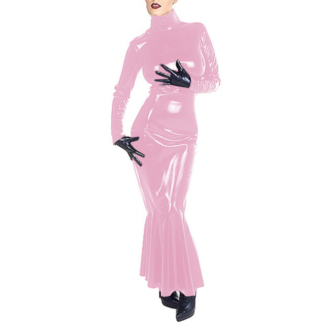 Turtleneck Full Sleeve PVC Leather Long Dress Slim Fit Mermaid Dress Bodycon Party Evening Gown Maxi Dresses for Women Vestidos