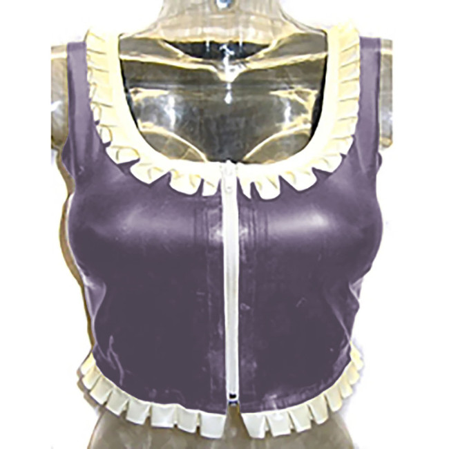 Sexy Costume Glossy Vinyl  PVC Leather Top Square Neck Ruffles Party Clubwear Short Front Zipper Streetwear Pole Dance Clothes