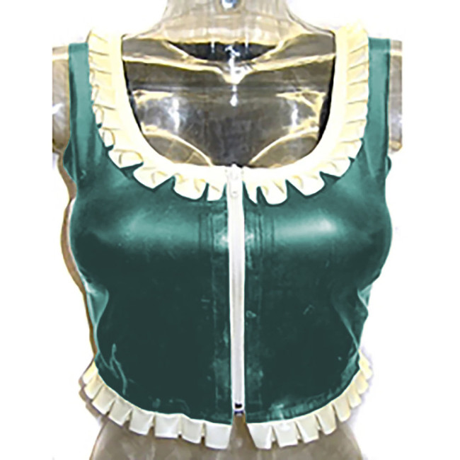 Sexy Costume Glossy Vinyl  PVC Leather Top Square Neck Ruffles Party Clubwear Short Front Zipper Streetwear Pole Dance Clothes