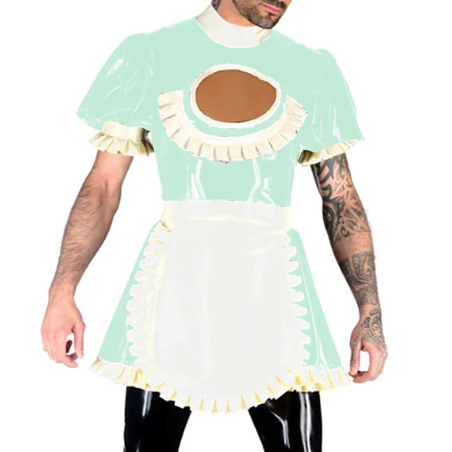 Hollow Out Vinyl PVC Leather A-line Dress with Apron Short Puff Sleeves Maid Uniform Back Zipper Lockable Sexy Cosplay Costumes