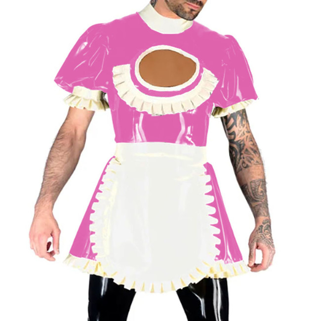 Hollow Out Vinyl PVC Leather A-line Dress with Apron Short Puff Sleeves Maid Uniform Back Zipper Lockable Sexy Cosplay Costumes