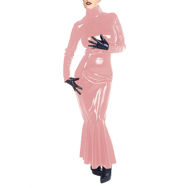 Turtleneck Full Sleeve PVC Leather Long Dress Slim Fit Mermaid Dress Bodycon Party Evening Gown Maxi Dresses for Women Vestidos