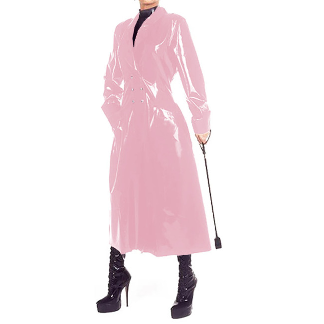 Double Breasted Fashion Ladies PVC Leather Long Trench Coats Turn-down Collar Long Sleeve Overcoat Sexy Fetish Clubwear 7XL