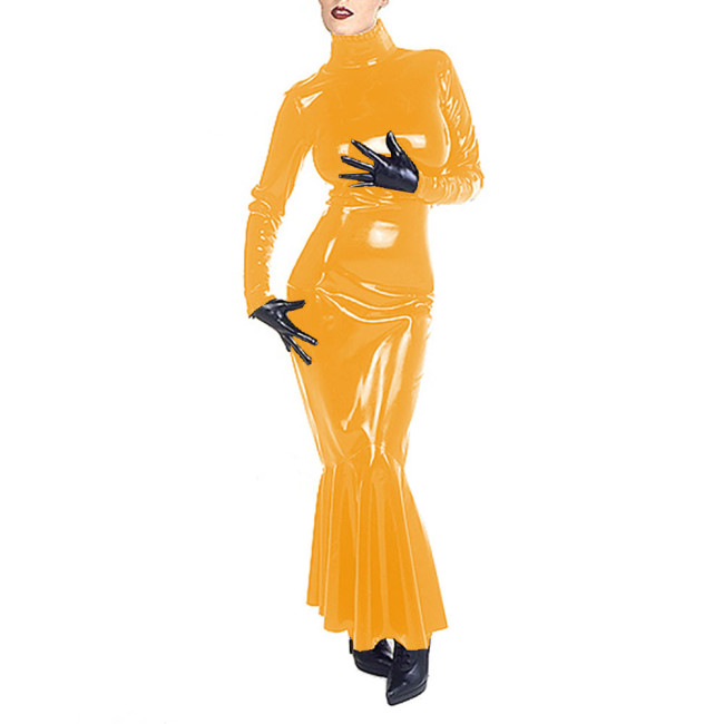 Turtleneck Full Sleeve PVC Leather Long Dress Slim Fit Mermaid Dress Bodycon Party Evening Gown Maxi Dresses for Women Vestidos