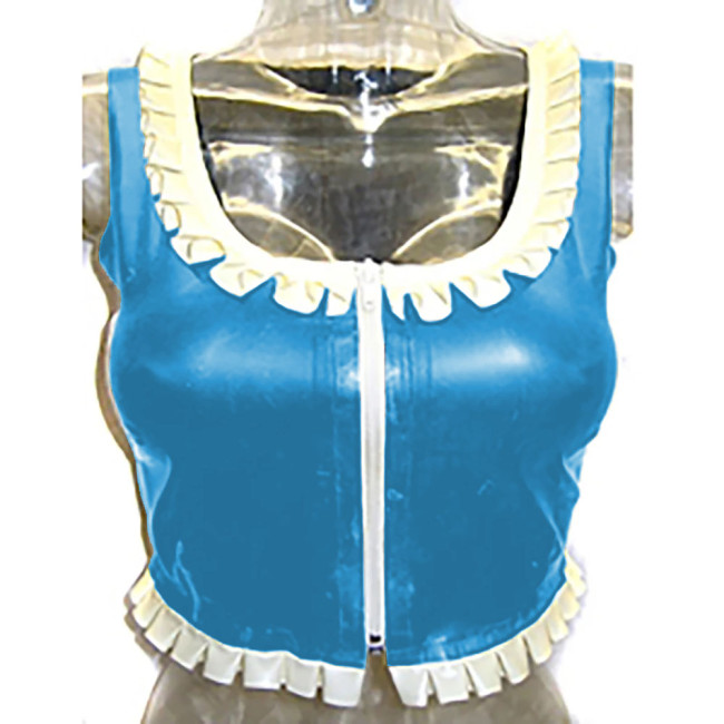 Sexy Costume Glossy Vinyl  PVC Leather Top Square Neck Ruffles Party Clubwear Short Front Zipper Streetwear Pole Dance Clothes