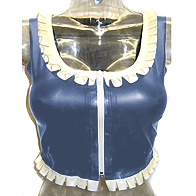 Sexy Costume Glossy Vinyl  PVC Leather Top Square Neck Ruffles Party Clubwear Short Front Zipper Streetwear Pole Dance Clothes