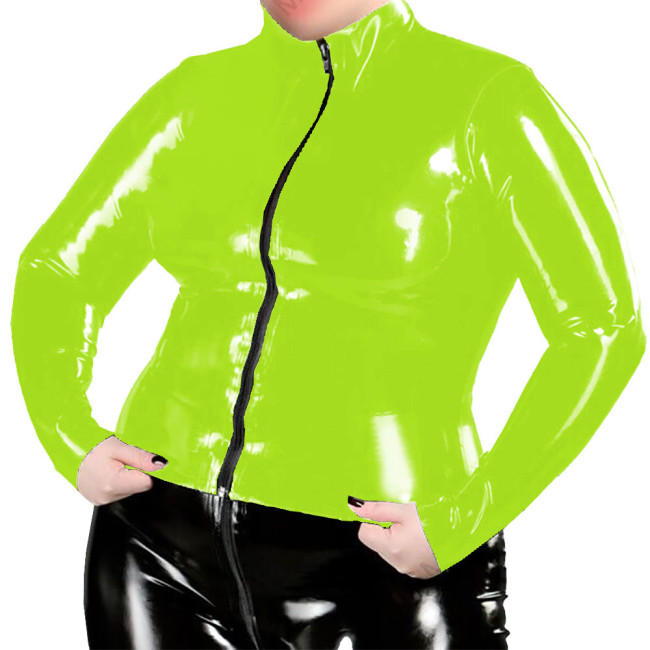 Plus Size Nightclub Womens Jacket Glossy PVC Leather Zipper Front Solid Color Coats Female Long Sleeve Outerwears Streetwear 7XL