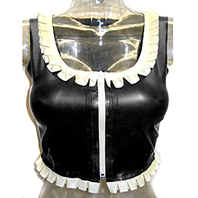 Sexy Costume Glossy Vinyl  PVC Leather Top Square Neck Ruffles Party Clubwear Short Front Zipper Streetwear Pole Dance Clothes