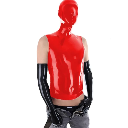 Vinyl PVC Leather Fetish Masked Hooded Tops Sexy Sleeveless Back Zipper Clubwear Slim Roleplay Costumes Exotic Clothing 7XL