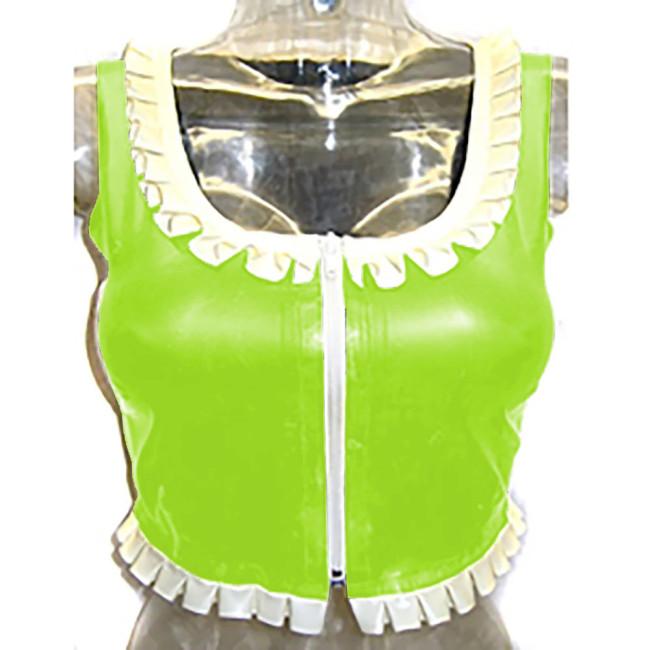 Sexy Costume Glossy Vinyl  PVC Leather Top Square Neck Ruffles Party Clubwear Short Front Zipper Streetwear Pole Dance Clothes