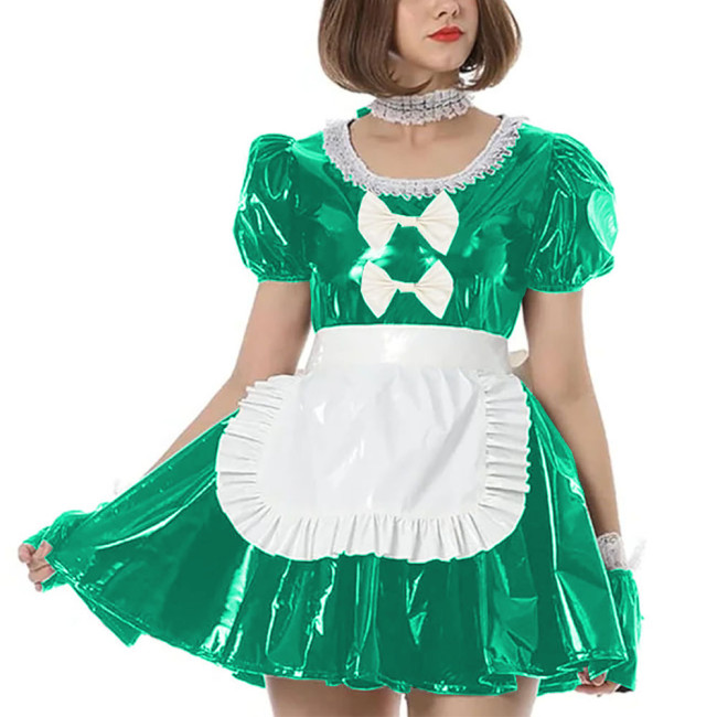 Vinyl PVC Leather Short Sleeve Maid Uniforms Party Maid Cosplay Dress Outfits Font Bow Mini Dress with Apron Anime Cosplay 7XL