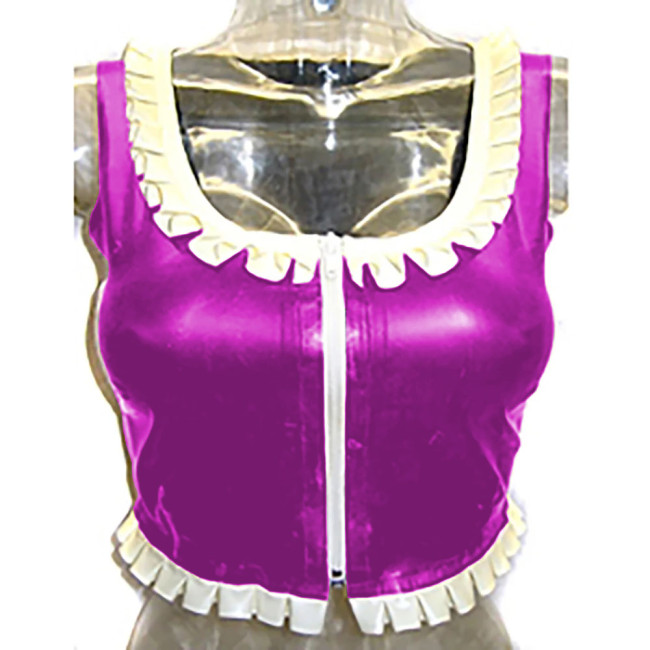 Sexy Costume Glossy Vinyl  PVC Leather Top Square Neck Ruffles Party Clubwear Short Front Zipper Streetwear Pole Dance Clothes