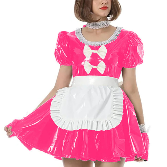 Vinyl PVC Leather Short Sleeve Maid Uniforms Party Maid Cosplay Dress Outfits Font Bow Mini Dress with Apron Anime Cosplay 7XL