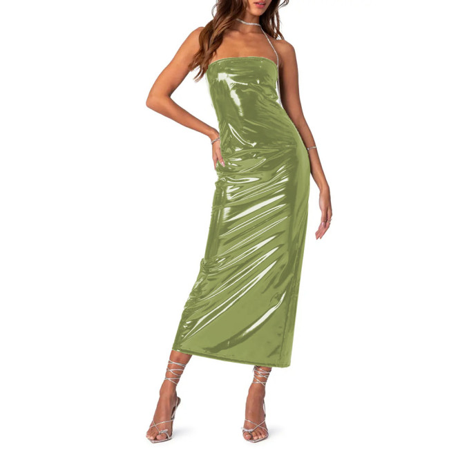 Vinyl PVC Leather Strapless Back Split Maxi Dresses for Women Sexy Bodycon Dresses Clubwear 7XL Cosplay Costumes