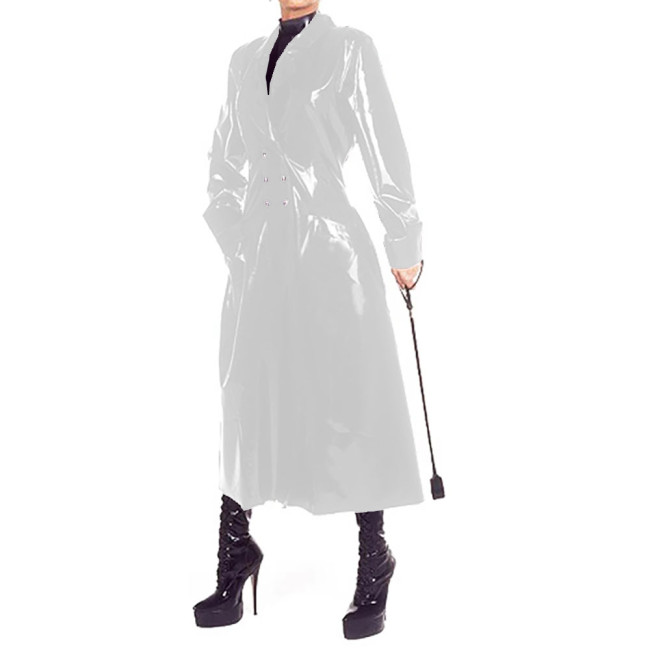 Double Breasted Fashion Ladies PVC Leather Long Trench Coats Turn-down Collar Long Sleeve Overcoat Sexy Fetish Clubwear 7XL
