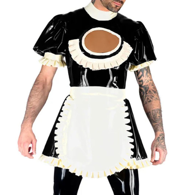 Hollow Out Vinyl PVC Leather A-line Dress with Apron Short Puff Sleeves Maid Uniform Back Zipper Lockable Sexy Cosplay Costumes