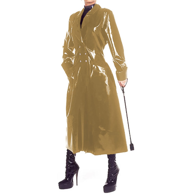 Double Breasted Fashion Ladies PVC Leather Long Trench Coats Turn-down Collar Long Sleeve Overcoat Sexy Fetish Clubwear 7XL