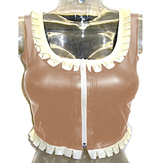 Sexy Costume Glossy Vinyl  PVC Leather Top Square Neck Ruffles Party Clubwear Short Front Zipper Streetwear Pole Dance Clothes