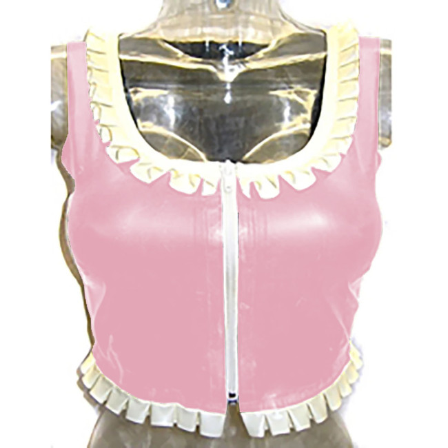 Sexy Costume Glossy Vinyl  PVC Leather Top Square Neck Ruffles Party Clubwear Short Front Zipper Streetwear Pole Dance Clothes