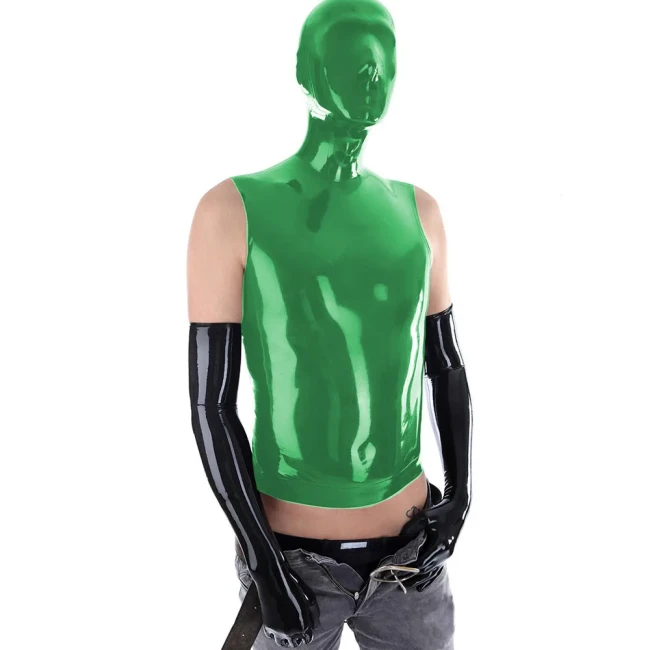 Vinyl PVC Leather Fetish Masked Hooded Tops Sexy Sleeveless Back Zipper Clubwear Slim Roleplay Costumes Exotic Clothing 7XL