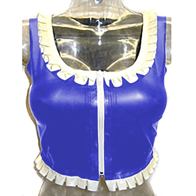 Sexy Costume Glossy Vinyl  PVC Leather Top Square Neck Ruffles Party Clubwear Short Front Zipper Streetwear Pole Dance Clothes