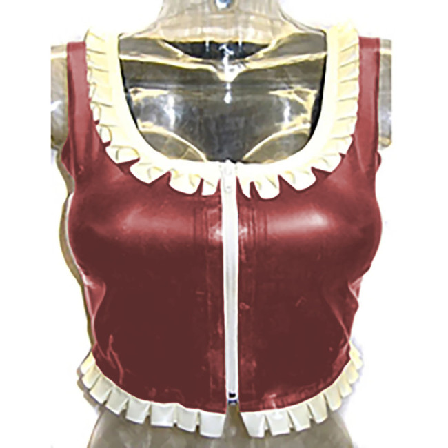 Sexy Costume Glossy Vinyl  PVC Leather Top Square Neck Ruffles Party Clubwear Short Front Zipper Streetwear Pole Dance Clothes