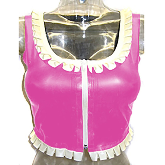 Sexy Costume Glossy Vinyl  PVC Leather Top Square Neck Ruffles Party Clubwear Short Front Zipper Streetwear Pole Dance Clothes