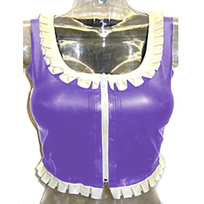 Sexy Costume Glossy Vinyl  PVC Leather Top Square Neck Ruffles Party Clubwear Short Front Zipper Streetwear Pole Dance Clothes