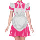 Wetlook PVC Leather French Puff Short Sleeve High Neck Bow Ribbon Pleated Dress Maid Outfits with Heart Apron Cosplay Party Wear