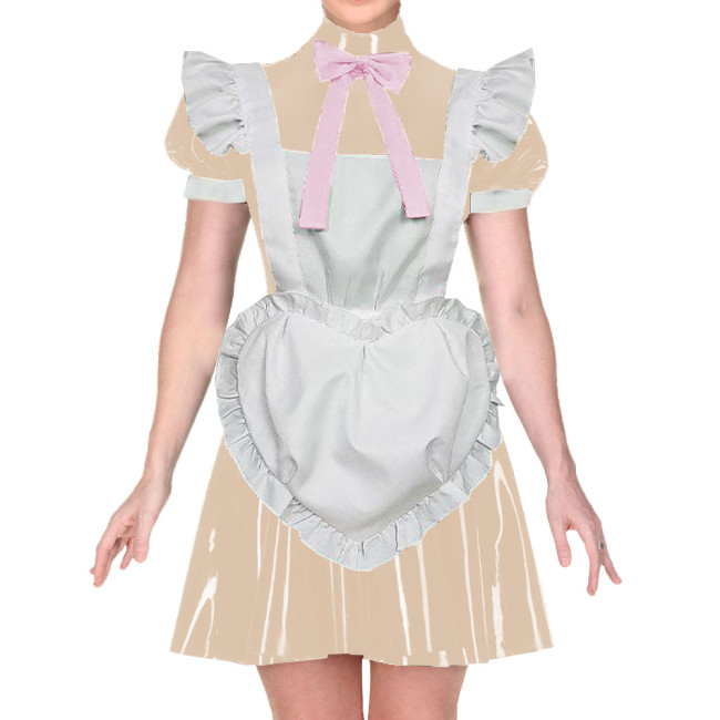 Wetlook PVC Leather French Puff Short Sleeve High Neck Bow Ribbon Pleated Dress Maid Outfits with Heart Apron Cosplay Party Wear