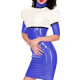 Elegant High Neck Puff Half Sleeve Slim Pencil Dress White Patchwork Hip Wrap Shiny PVC Leather Dress Chic High Street Outfits