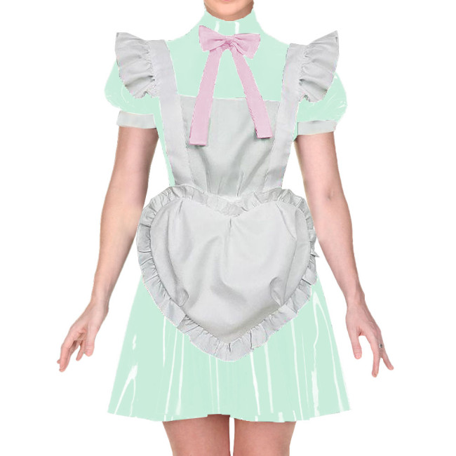 Wetlook PVC Leather French Puff Short Sleeve High Neck Bow Ribbon Pleated Dress Maid Outfits with Heart Apron Cosplay Party Wear