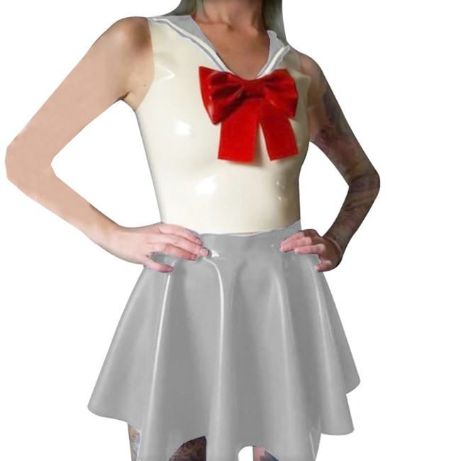 Shiny PVC Leather Sailor Collar Bowknot Bodycon Sleeveless Vest Top with Sexy Pleated A-line Dress Student Cosplay Sailor Suits