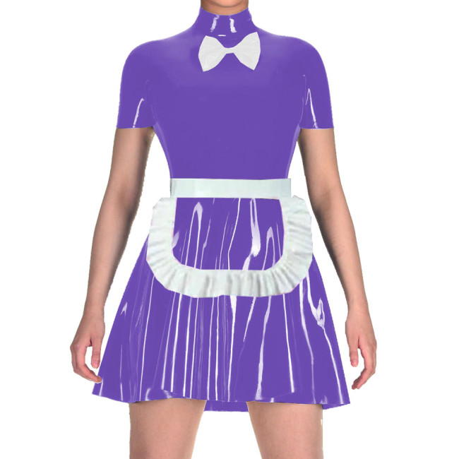 Women Short Sleeve Mock Collar A-line Tight Mini Dress Maid Cosplay Uniforms with Apron Wetlook PVC Leather Anime Role-play Wear