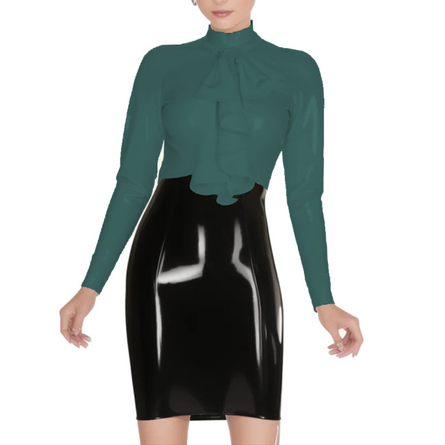 Vintage Back Zipper Long Sleeve Shirt Mock Collar Ruffle Top Glossy PVC Leather Slim Office Lady Casual Daily Commuting Clothes