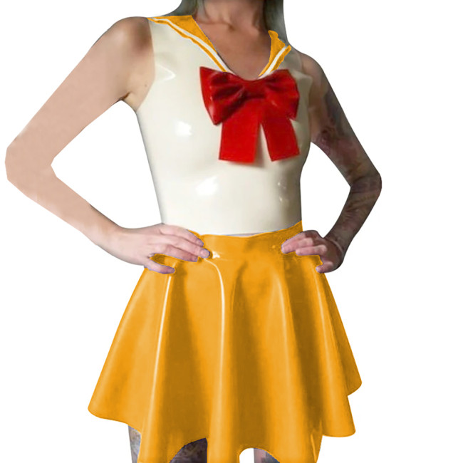 Shiny PVC Leather Sailor Collar Bowknot Bodycon Sleeveless Vest Top with Sexy Pleated A-line Dress Student Cosplay Sailor Suits