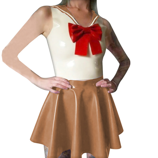 Shiny PVC Leather Sailor Collar Bowknot Bodycon Sleeveless Vest Top with Sexy Pleated A-line Dress Student Cosplay Sailor Suits